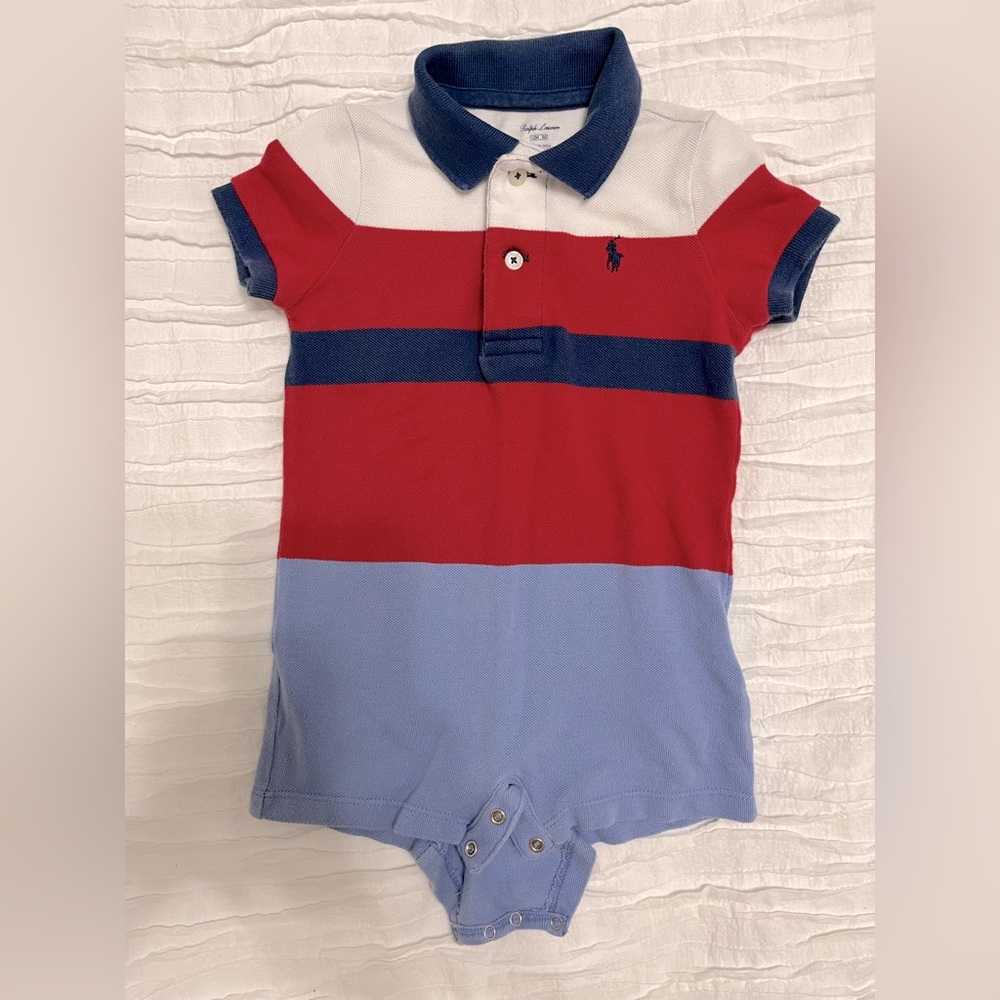 12 Month blue, red and white Ralph Lauren one piece short set